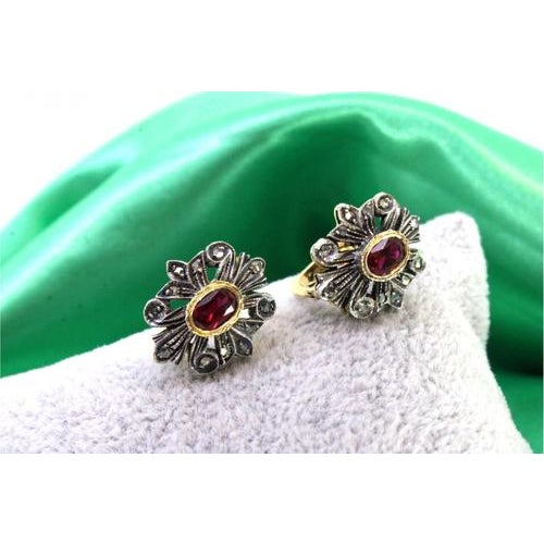 Metal Gold and Silver Earrings with Diamond Chips and Synthetic Rubies, Set of 2 For Sale - Image 7 of 7