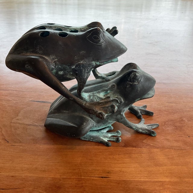 2010s Vintage Solid Brass Frog Flower Frog Sculpture Verdigris Heavy 2lb 5" Tall For Sale - Image 5 of 5