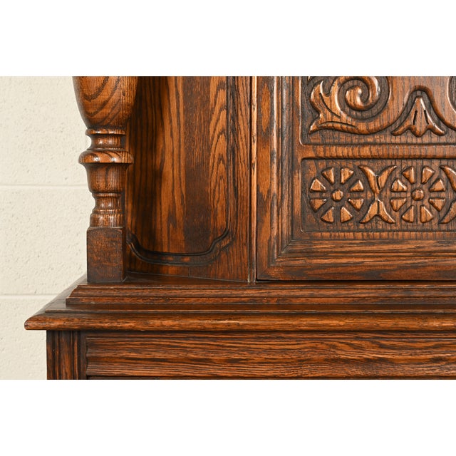Bernhardt Furniture Antique English Jacobean Carved Oak Bar Cabinet, Circa 1930s For Sale - Image 9 of 16