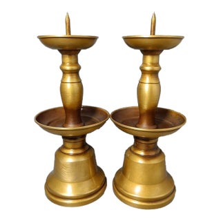 Pair of Vintage Solid Brass Altar Candlesticks With Drip Pans & Spikes For Sale