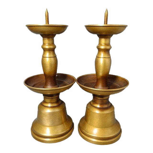 Pair of Vintage Solid Brass Altar Candlesticks With Drip Pans & Spikes For Sale