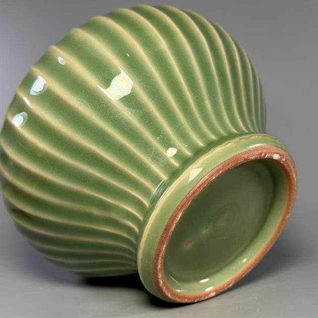 Mid 20th Century Vintage Chinese Longquan Celadon Porcelain Lidded Jar | One of a Kind, Ribbed‑Striped Body For Sale - Image 5 of 8