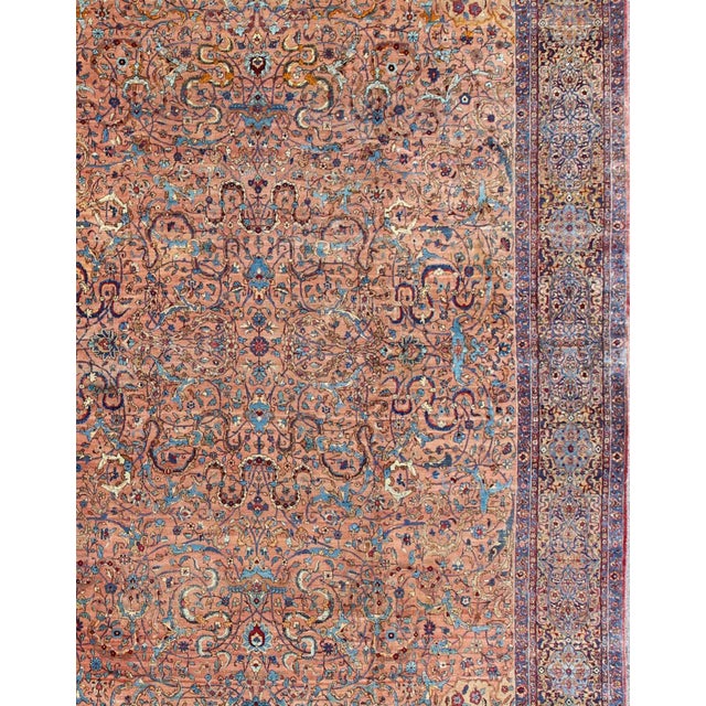 Classic Colorful Antique Large Lavar Kerman Rug in Salmon Background For Sale - Image 4 of 13