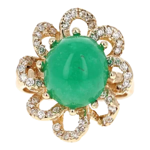 6.24 Carat Cabochon Emerald Diamond Yellow Gold Cocktail Ring Size 7
