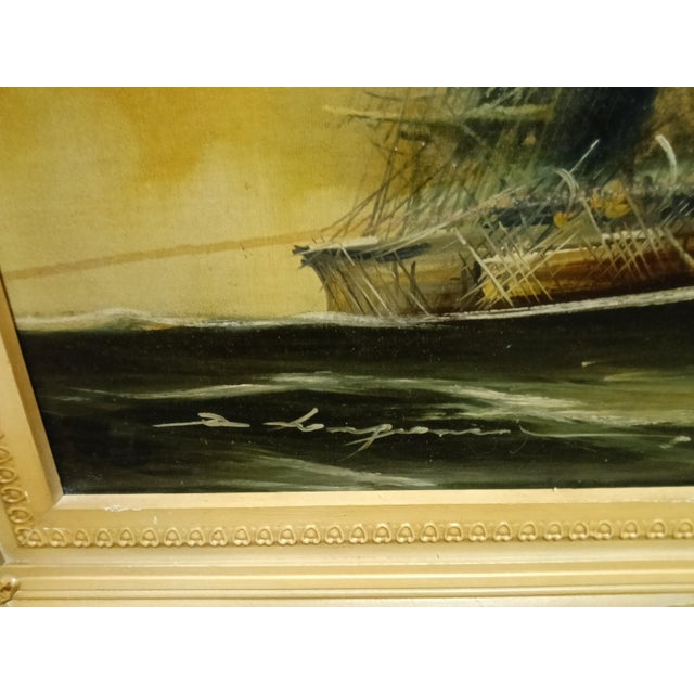 The Renato Longanesi Original Signed Canvas painting depicts ships in a contemporary art style, with a nautical theme....