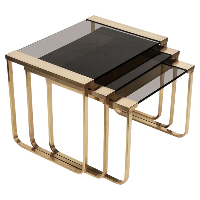 Mid-Century Solid Brass and Smoked Glass Interlocking Side Tables, 1970s, Set of 3 For Sale