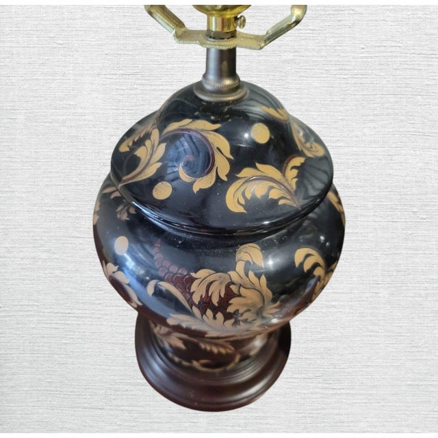 Hollywood Regency Vintage Black Brown Small Ceramic Ginger Jar Leaf Design Table Lamps- A Pair For Sale - Image 3 of 8