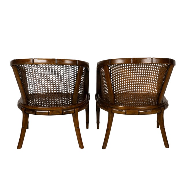 Pair Vintage Faux Bamboo Cane Barrel Chairs Hollywood Regency For Sale - Image 9 of 18