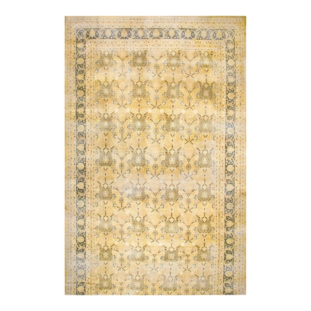 1920s Yellow Canary Floral Antique Persian Tabriz Rug 13'6" X 24'8" Knotted Pile Wool Carpet For Sale
