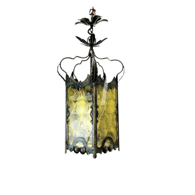 Mid-Century Modern Gothic Lantern in Wrought Iron and Amber Glass, 1960s For Sale - Image 3 of 11