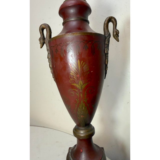 Antique Handmade Painted French Red Tole Toleware Swan Metal Table Lamp Light For Sale - Image 15 of 18