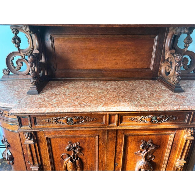 Blush Early 20th Century Victorian Carved Oak Sideboard Buffet Cabinet With Marble Top For Sale - Image 8 of 10