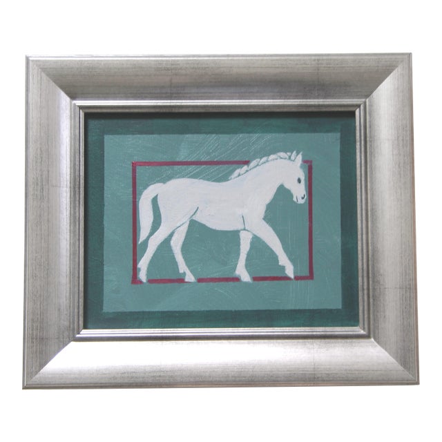 Horse Minimalism Folk Art Expressionism Gray Green-Gray Original Oil Painting by Cleo Plowden For Sale