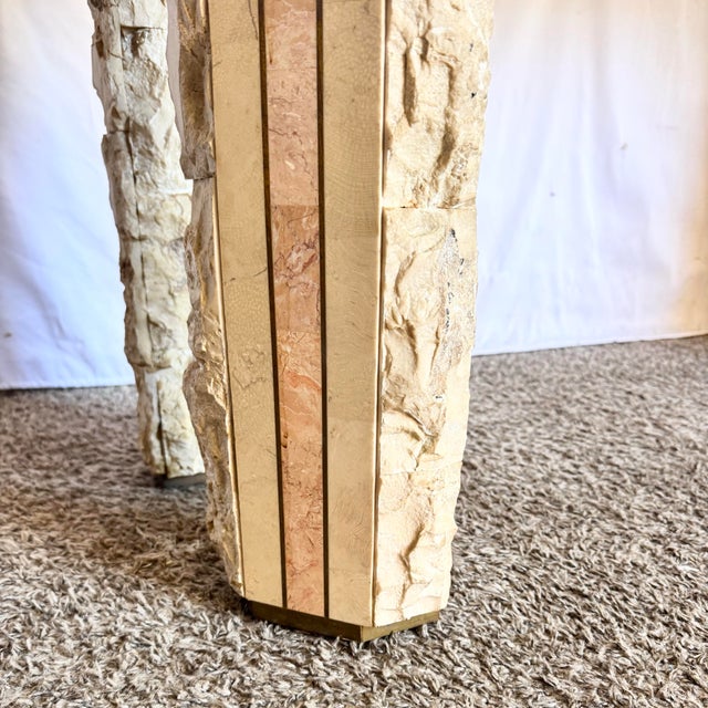 Postmodern Tessellated Beige and Pink Stone Console Table With Brass Inlay For Sale - Image 10 of 10