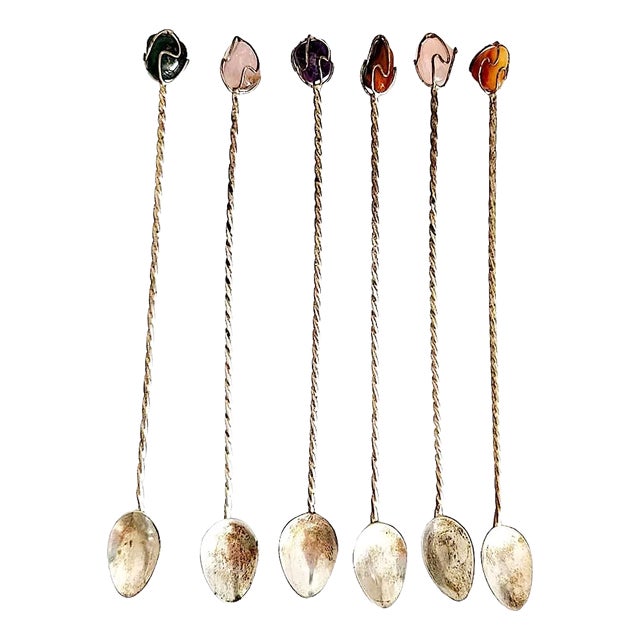 Vintage Silver and Semi Precious Stone Cocktail/Iced Tea Spoons, Set of 6 For Sale