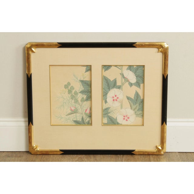 High Quality Vintage Pair of Floral Lithograph Prints Framed as One Artwork in Custom Black & Brass Frame with Matte