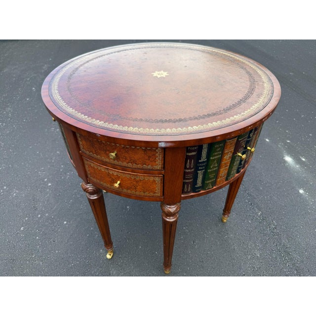 Wood Maitland Smith Embossed Leather Top Table. Leather Bound Faux Books For Sale - Image 7 of 11