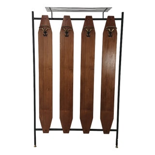 Iron and Teak Wall Coat Rack with Brass Hangers, 1960 For Sale