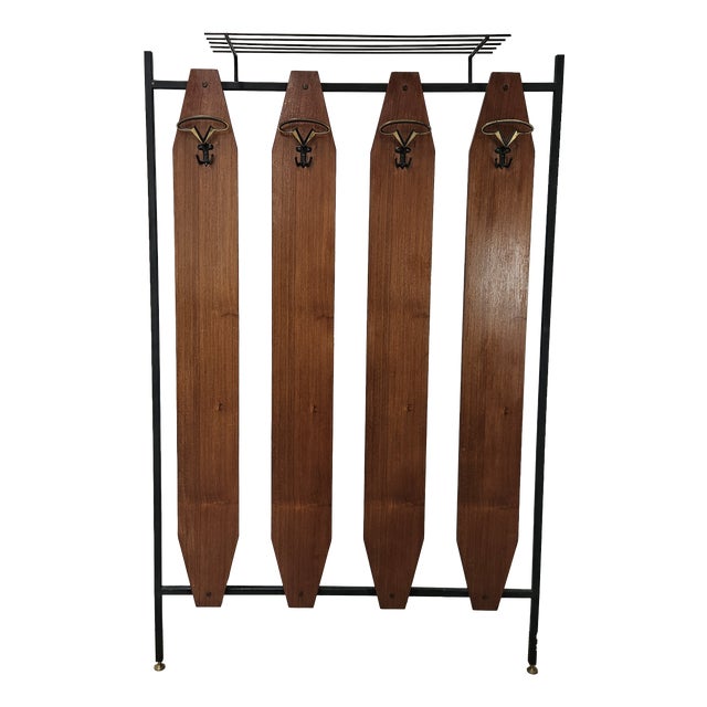 Iron and Teak Wall Coat Rack with Brass Hangers, 1960 For Sale