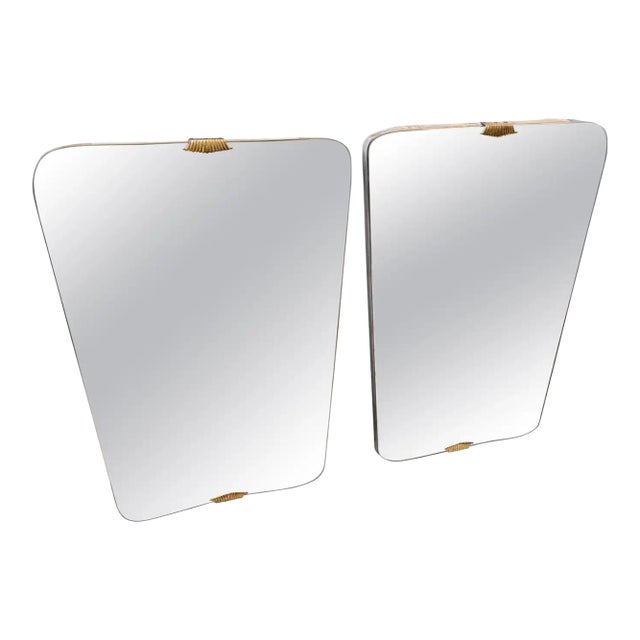 Two 1950s Gio Ponti Style Mid-Century Modern Wood and Brass Wall Mirrors For Sale