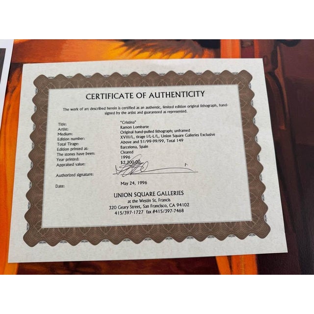 Paper 1990s Ramón Lombarte – Cristina (1996) Original Stone Lithograph, Signed & Numbered, Coa For Sale - Image 7 of 10