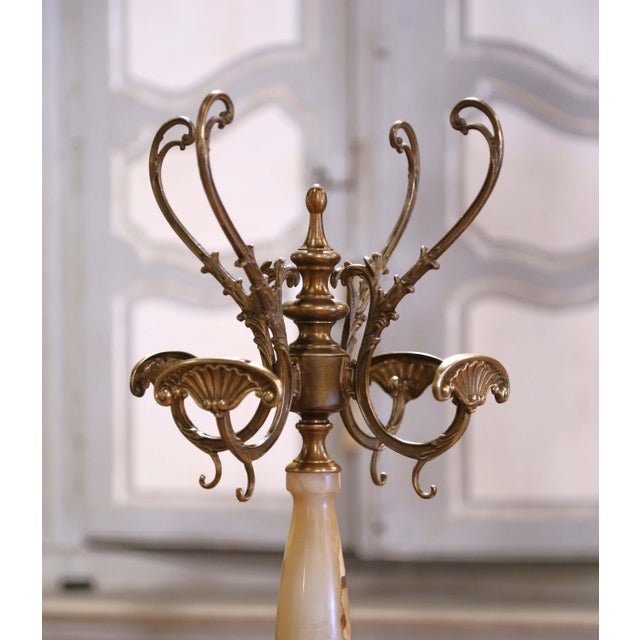 French Early 20th Century French Carved Onyx & Brass Swivel Dolphin Standing Hall Tree For Sale - Image 3 of 8
