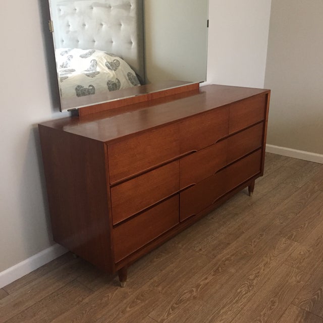 Vintage Mid-Century Walnut 9 Drawer Dresser & Mirror by Benck | Chairish