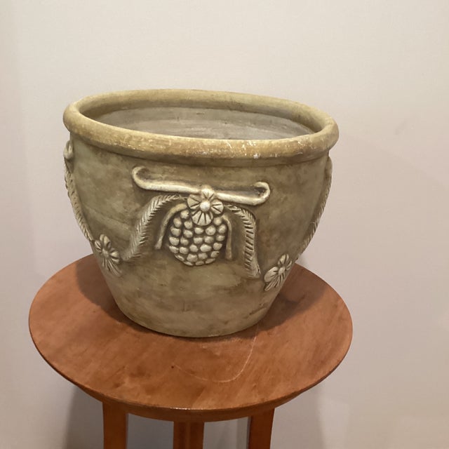 Vintage Large Aged Finish Planter Roseville Style With Molded Grape and Leave Relief Design For Sale - Image 9 of 12