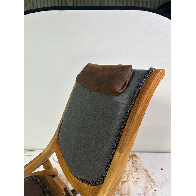 Vintage-Style Folding Rocking Chair — Solid Wood, Genuine Leather Accent Chair For Sale In Dallas - Image 6 of 7