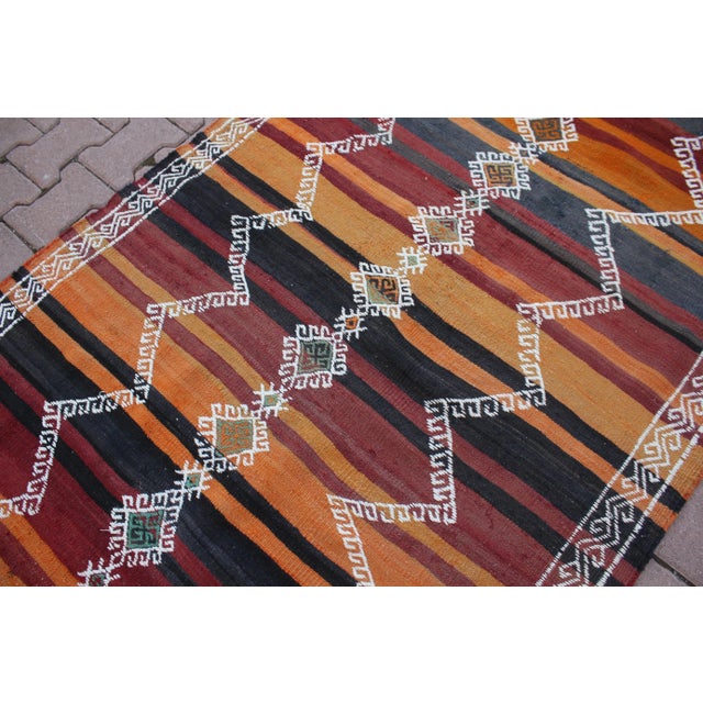 1960s Tribal Orange Striped Wool Handmade Kilim Rug For Sale In Sacramento - Image 6 of 13