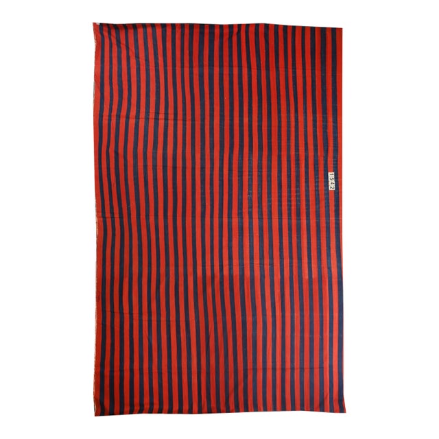 1950s Vintage Dhurrie Flat Weave in Blue & Red Stripes by Rug & Kilim For Sale