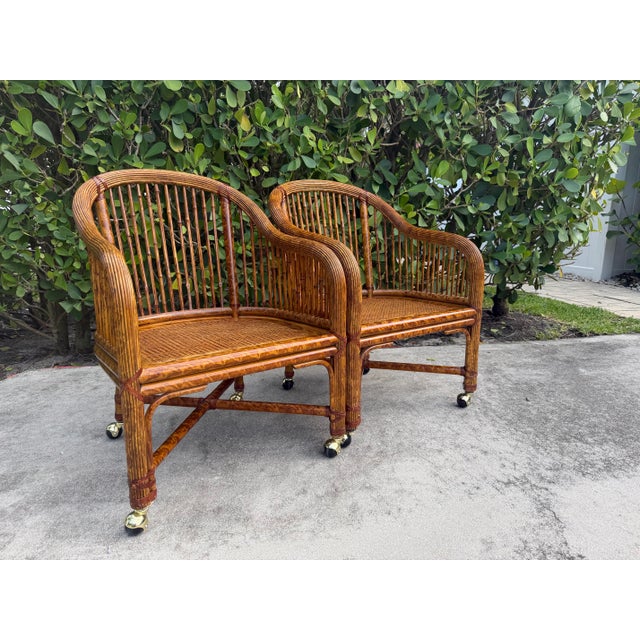 Vintage Burnt Bamboo Rattan & Cane Lounge Chairs on Casters, a Pair For Sale - Image 9 of 12