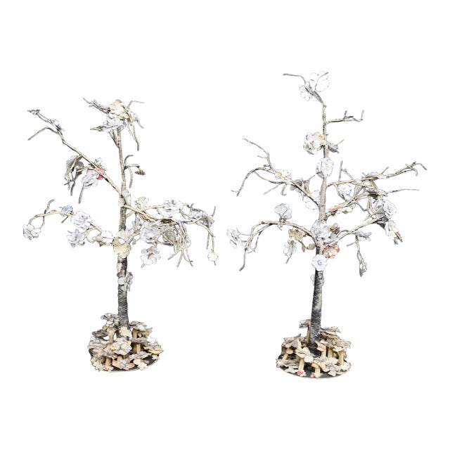 Pair of Paper Mâché Floral Tree Sculptures For Sale