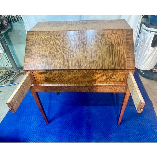 Tiger Maple Bench Made Drop Front Secretary Desk on Frame Late 20th Century For Sale - Image 11 of 18
