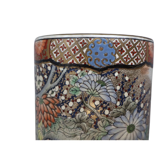 Vintage Macau Hand-Painted Porcelain Umbrella Stand With Floral Garden, Raised Enamels & Gilt Detail For Sale - Image 15 of 18