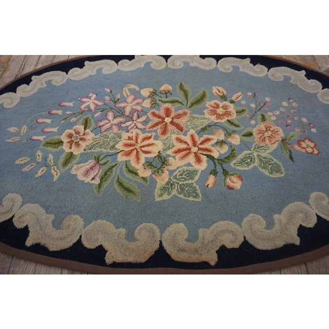 American Vintage Mid Century Floral Light Blue Folk Art American Hooked Oval Rug For Sale - Image 3 of 6