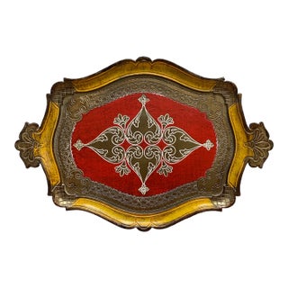 Midcentury Florentine Carved Red and Gold Tray For Sale