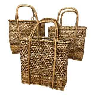 Mid 20th Century Woven Rattan Tote Handled Baskets, Sold Per For Sale