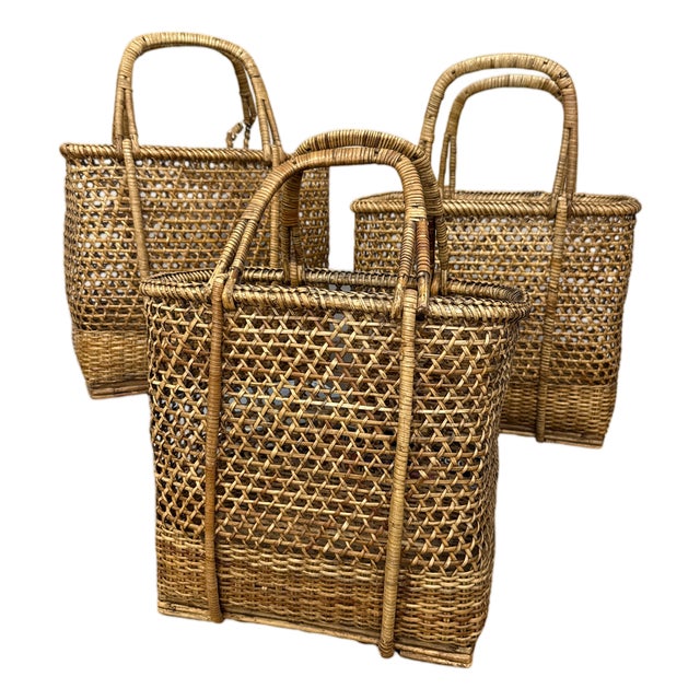 Mid 20th Century Woven Rattan Tote Handled Baskets, Sold Per For Sale