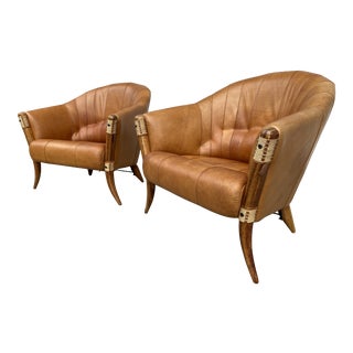 Pair of Pacific Green Leather Lounge Chairs For Sale