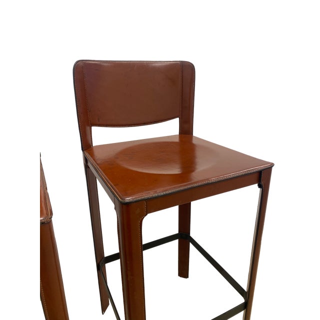 Red Matteo Grassi Pair of Red Italian Leather Stools- 1980s- Counter Height For Sale - Image 8 of 18