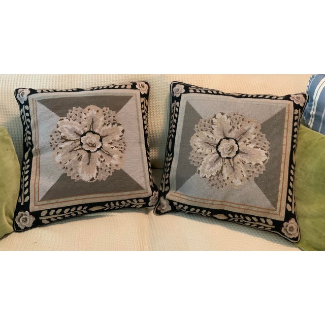 Bunny Williams Home Pair of Vintage Wool Needlepoint Pillows W/Black Velvet Backs & Down Inserts — 17.5” Square for Cottage Core, Grandmillennial & Traditional. See Pics! For Sale - Image 4 of 8