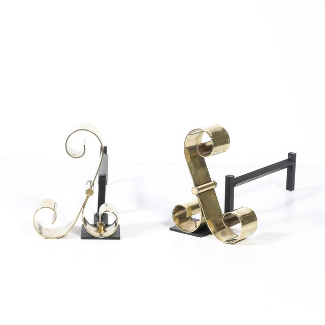 Brass Mid-Century Modernist Scroll Form Andirons in Polished Brass For Sale - Image 8 of 10