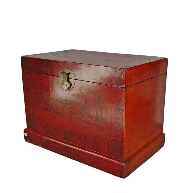 Asian Antique 1900s Hand Painted Red Trunk For Sale - Image 3 of 8