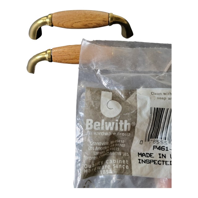 Vintage Belwith Brass & Oak Wood Cabinet Drawer Pulls For Sale