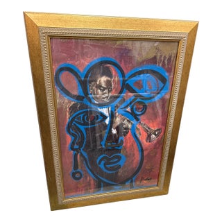 1970s Peter Keil Abstract Blue Jazz Portrait Painting For Sale