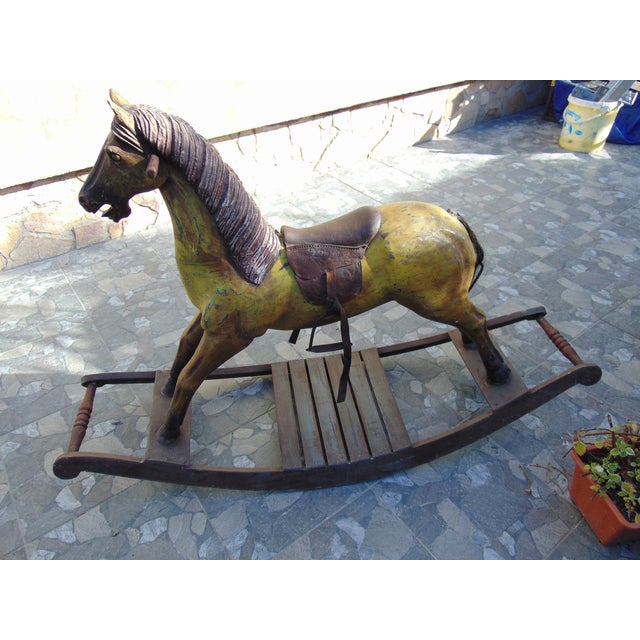 19th century wooden rocking horse, dimensions: height 80 cm. width 121.5 cm. depth 40 cm.