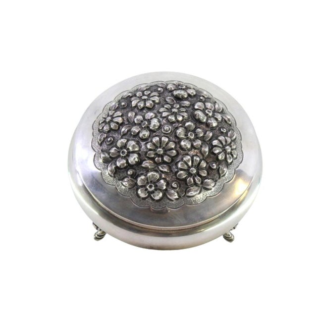 Metal Round Silver Candy Box with Floral Reliefs For Sale - Image 7 of 7