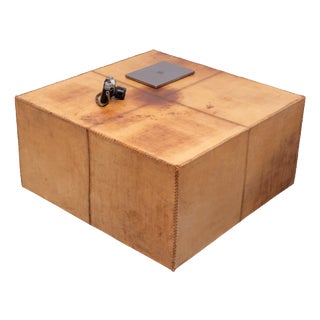 Large Stitch Cognac Leather Coffee Table, France, 1970s For Sale