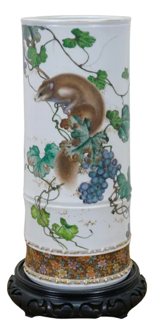 Late 20th Century Chinoiserie Famille Rose Porcelain Cylidrical Squirrel Grapevine Vase